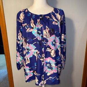 Yumi Kim Floral Print Smocked Neck Long Sleeve Button Front Blouse purple Size S